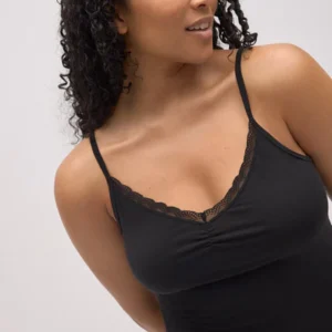 camiseta tirantes algodón negro detalle fruncido mujer